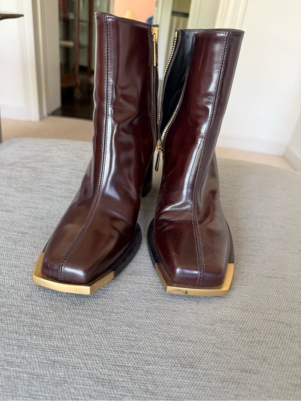 PETER DO Burgundy Leather Square-Toe Ankle Boots with Gold Toe Caps